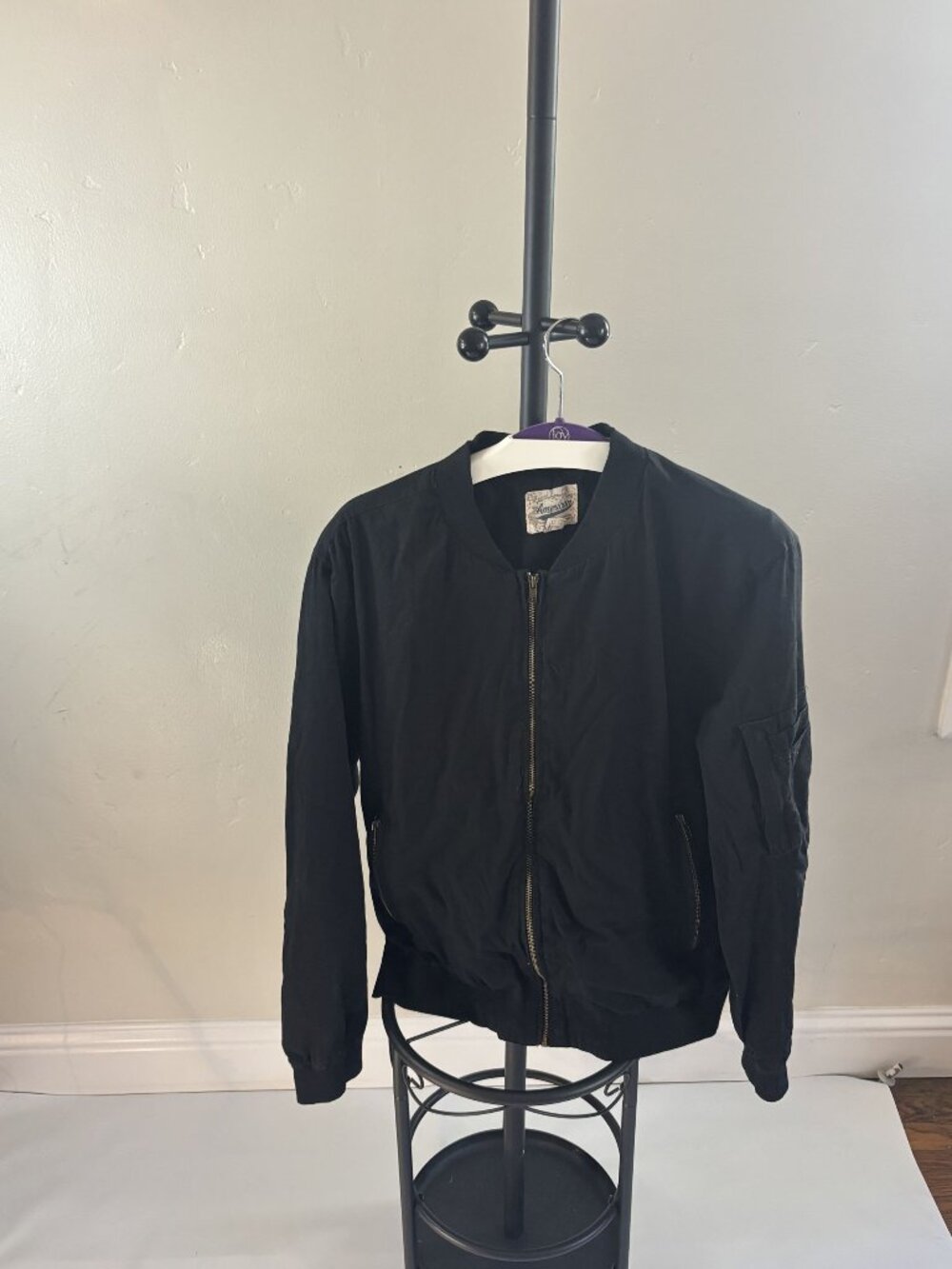 American Manufacturing Co. Black Bomber Jacket Large 100% Cotton Ribbed Polyeste